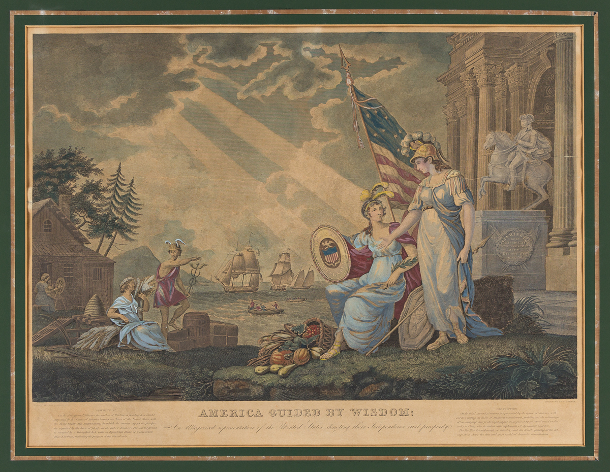 (ALLEGORIES.) Benjamin Tanner, engraver; after Barralet. America Guided by Wisdom: An Allegorical Representation of the United States.